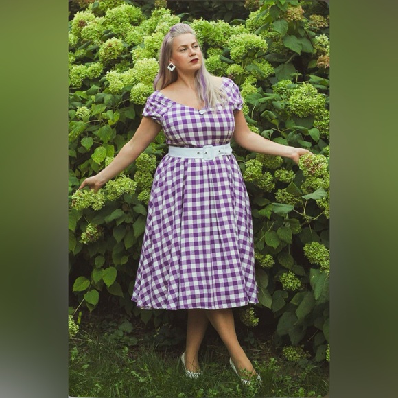 Unique Vintage Dolly & Dotty Lily Off Shoulder Purple Gingham Dress, NWT! - Picture 2 of 14